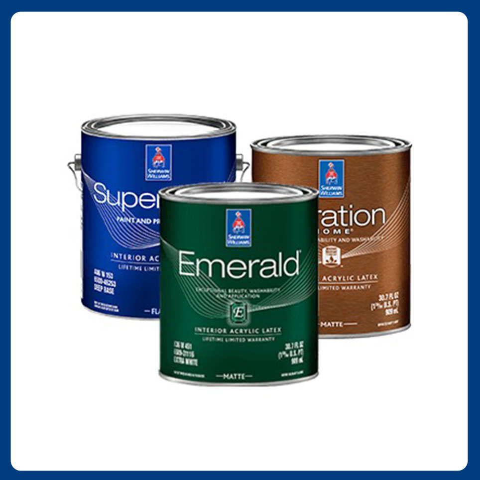 Three cans of SuperPaint, Duration, and Emerald interior paint.