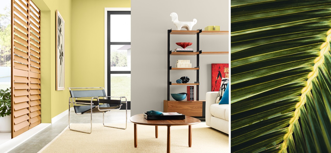 (left) bright living room with yellow and grey walls, wooden decor, modern furniture, and natural light (right) leaf greenery enlarged.